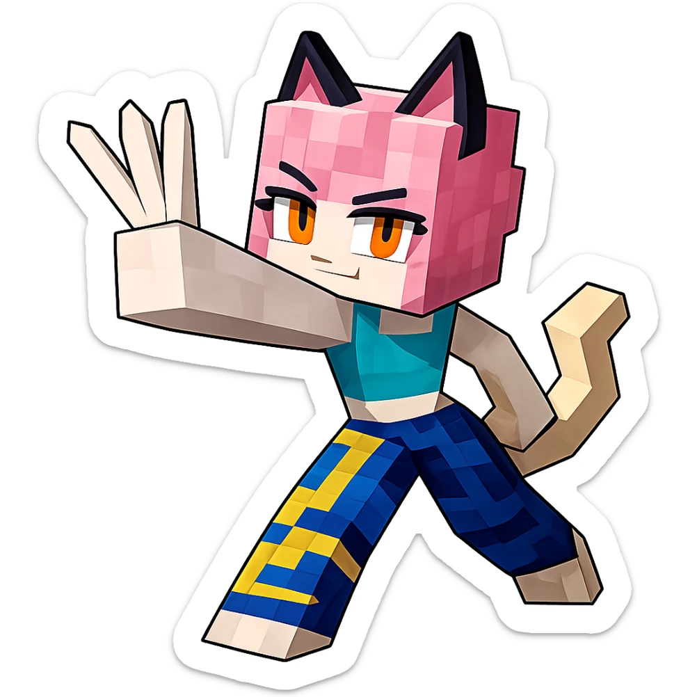 Extract the character with pink cat ears, yellow eyes, and blue and yellow outfit as a fully visible, separate image with a transparent background, preserving the original Minecraft cartoon style and appearance. sticker