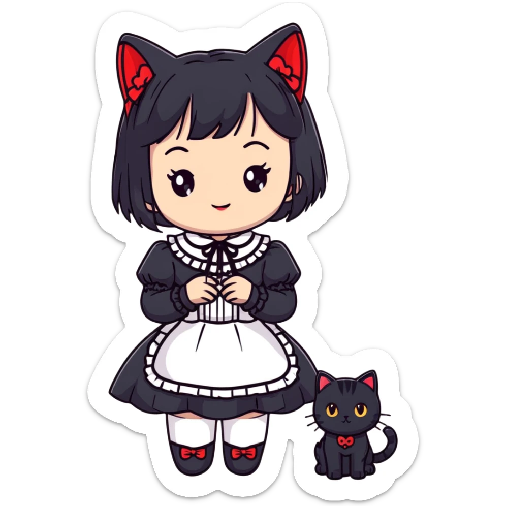 girl wearing black Lolita style dress, with medium-length black hair with red tips, and a black American Shorthair tabby cat sticker