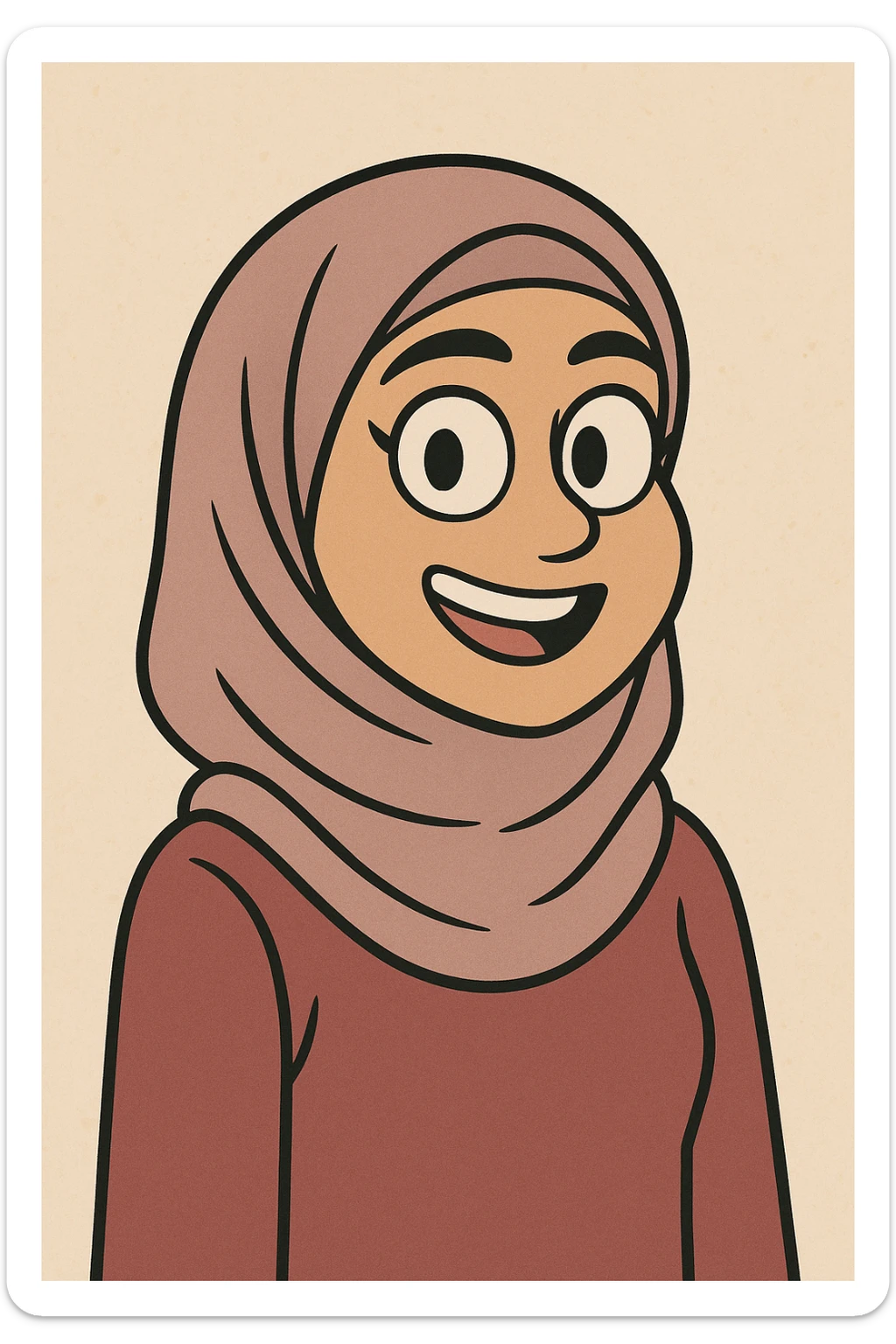 a girl wearing a hijab, friendly expression, simple background, modern illustration style sticker