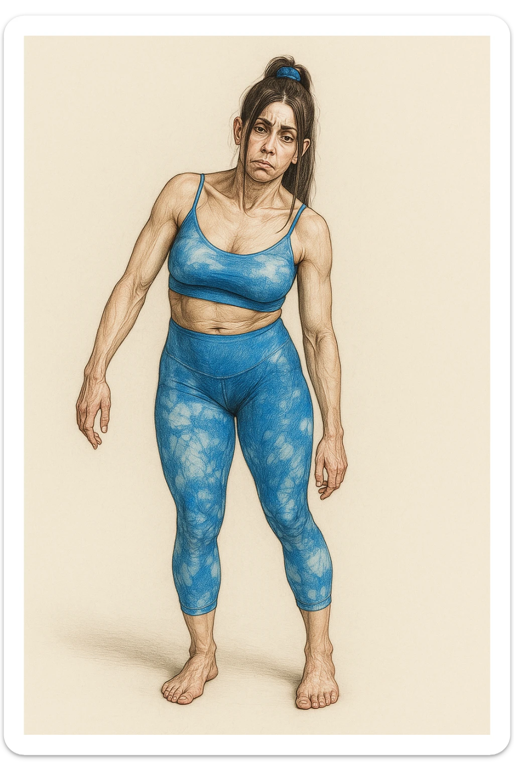 Realistic style illustration of a woman in sportswear with an asymmetric posture showing evident postural problems. The anatomy is clearly visible with muscles and joints emphasized. The background is neutral and the format is vertical, inspired by the reference photo. sticker