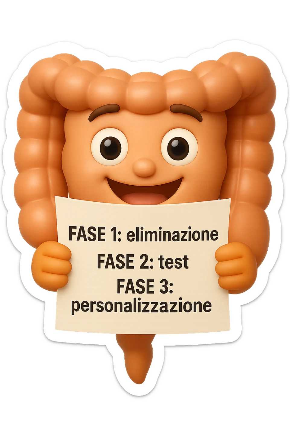 emoji stile iphone 3d di un intestino che tiene in mano un foglio con la scritta "FASE 1: eliminazione, FASE 2: test, FASE 3: personalizzazione, IPERREALISTICO 4K sticker