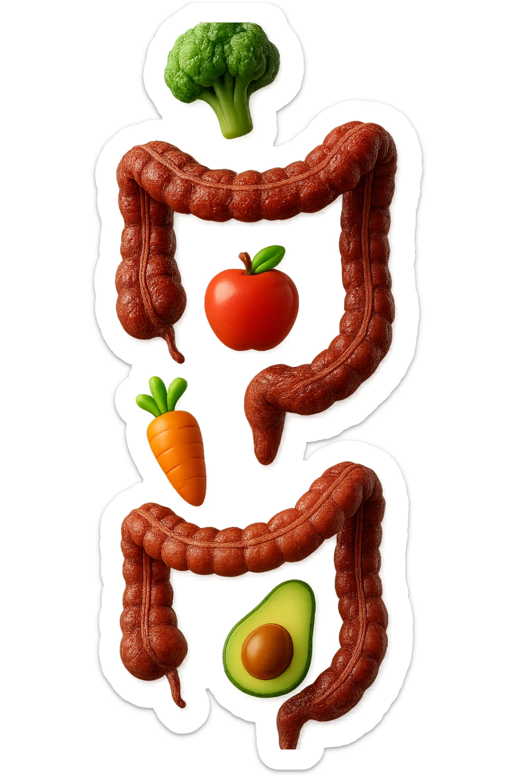 emoji stile iphone in 3d di cibo sano che fluttua in aria vericalmente insieme ùa pezzi di colon umano anatomico, iperrealistico 4k sticker