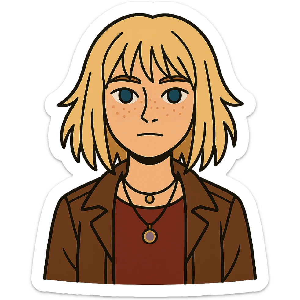 flat toon style of a 14-year-old girl with choppy blonde layers, armpit length, shortest at mouth, middle part, light freckles, blue eyes, defined cupid's brow, tight dark red top, brown leather jacket, necklaces sticker