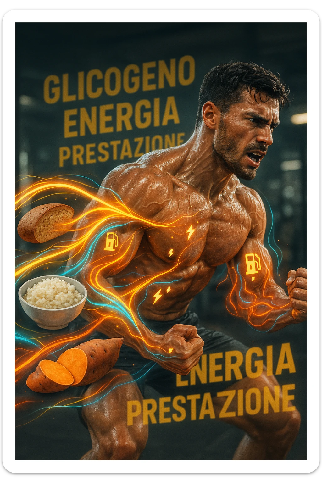 Uomo atletico di circa 30 anni durante un allenamento intenso in palestra, con muscoli ben definiti e sudati. Intorno a lui si visualizzano flussi energetici colorati che partono da fonti di carboidrati (pane integrale, riso, patate dolci) e si dirigono verso i suoi muscoli. I muscoli appaiono attivi, tesi e in pieno sforzo, con piccoli simboli di 'carburante' o energia che entrano nei tessuti. Espressione concentrata e potente. Sullo sfondo, parole come 'glicogeno', 'energia', 'prestazione'. Atmosfera dinamica, intensa e positiva. in italiano sticker