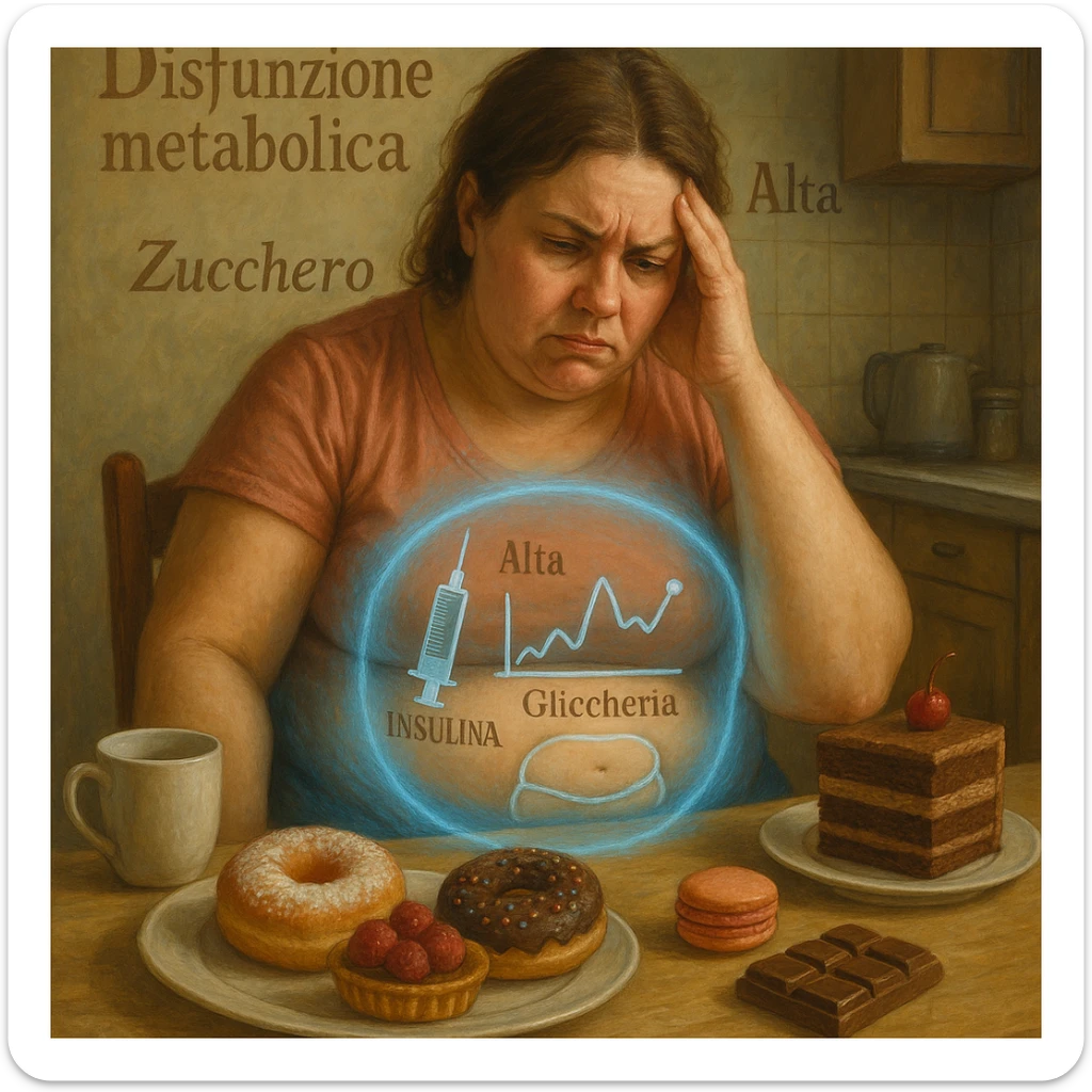 realistic surreal symbolism; woman late 30s, slightly overweight, sitting tired at kitchen table with sweets in front; frustrated expression; blue halo around abdomen (metabolic dysfunction); transparent icons: high insulin, high blood sugar (graph with upward arrows), fat on belly and hips; writings in Italian sticker