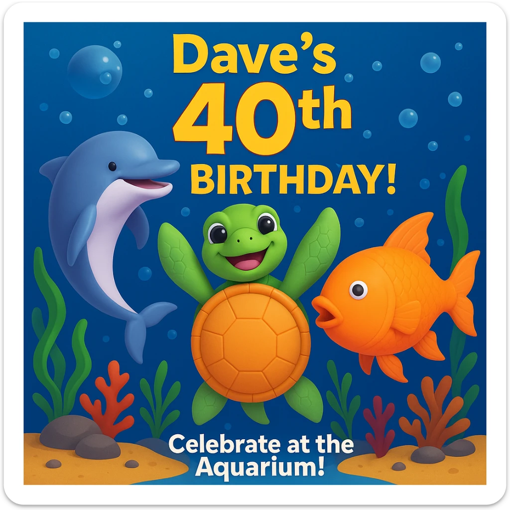 Make a birthday card for Dave's 40th birthday at the aquarium. Arrange the playful dolphin, smiling sea turtle, and colorful fish in a lively underwater scene with bubbles, seaweed, and coral. Add cheerful text: "Dave's 40th Birthday! Celebrate at the Aquarium!" Use a fun, vibrant style. Make it 3d emoji style. sticker