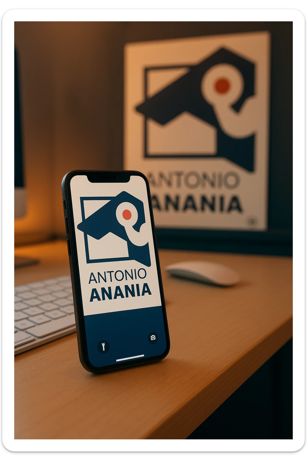 A photo of an iPhone on the desk with the logo of "Antonio Anania" on its screen, The phone sits atop a desk with a blurred with the logo in the background that suggests work environment. A faint glow from above casts gentle shadows across the surface of each object, creating depth and highlighting their textures sticker