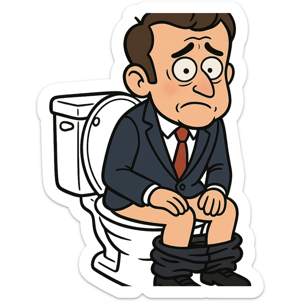 caricature of a French president with a suit and tie, sitting on a toilet, looking embarrassed, playful comic style, no explicit content sticker