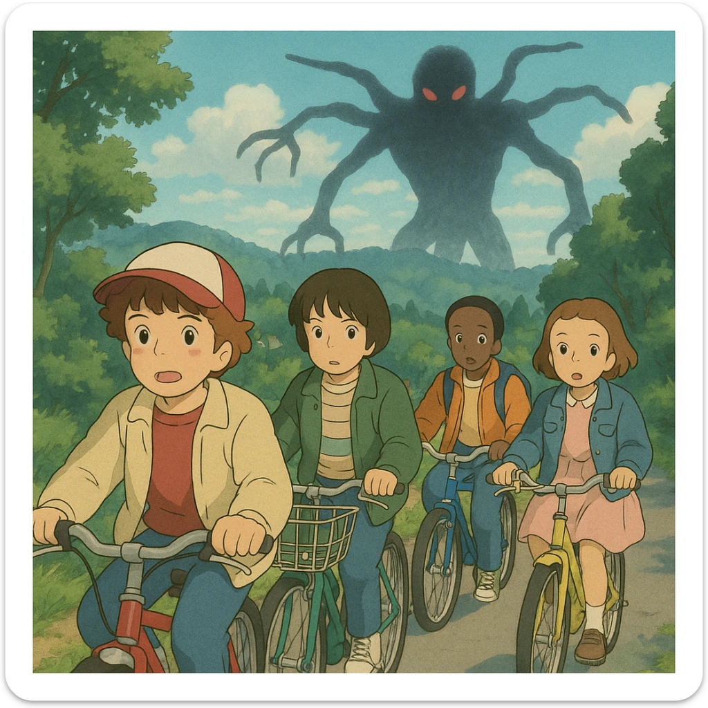 A group of kids in 80s outfits on bikes, with a shadowy monster in the background, Stranger Things, in a Ghibli-inspired style sticker