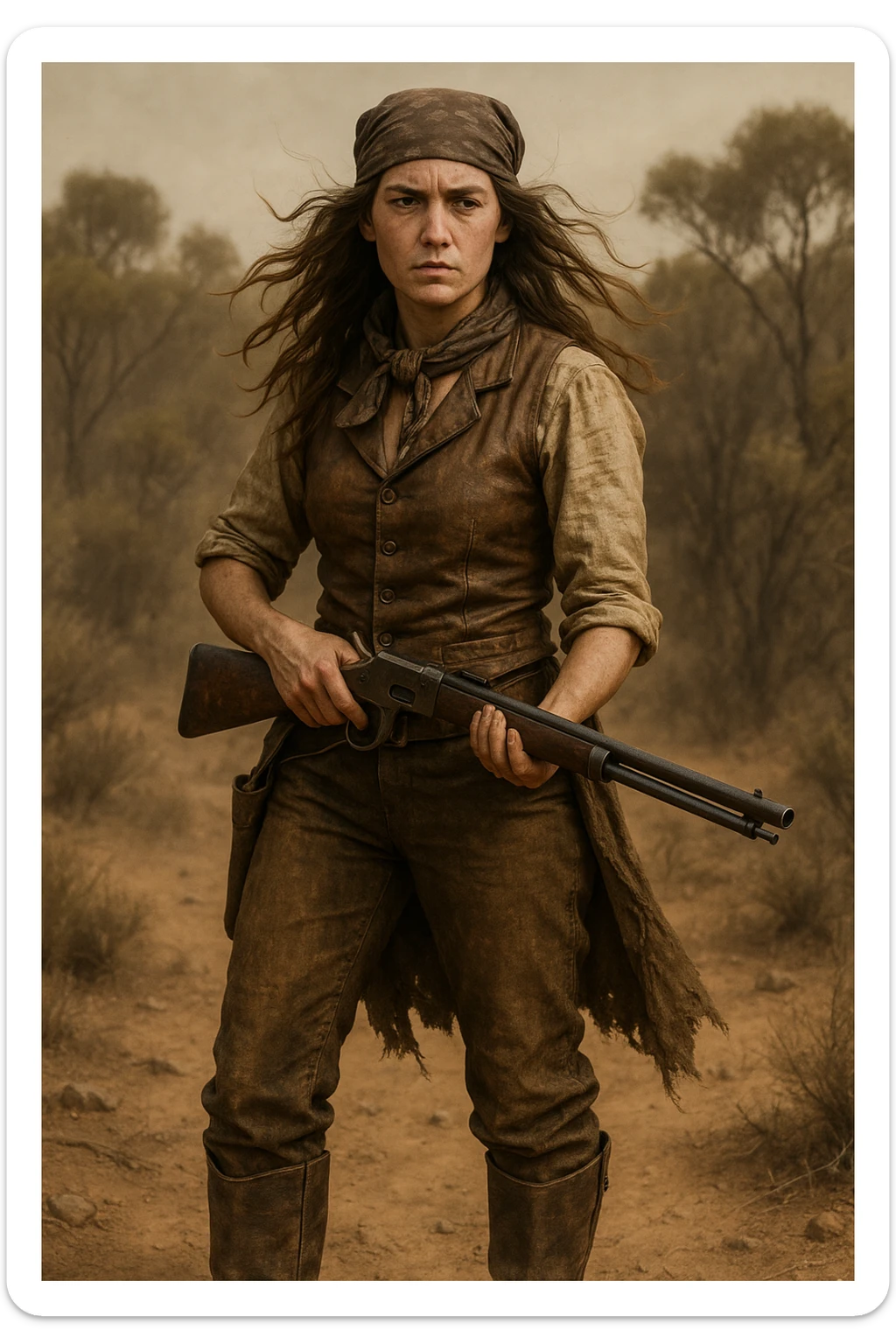 Australian bushranger woman from 1850, leather vest, bandana, riding boots, holding rifle, windswept hair, outlaw vibe sticker
