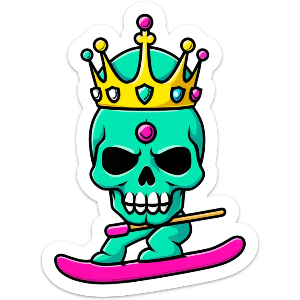 vibrant multicolored skull wearing a jeweled crown and bright colorful ski mask sticker