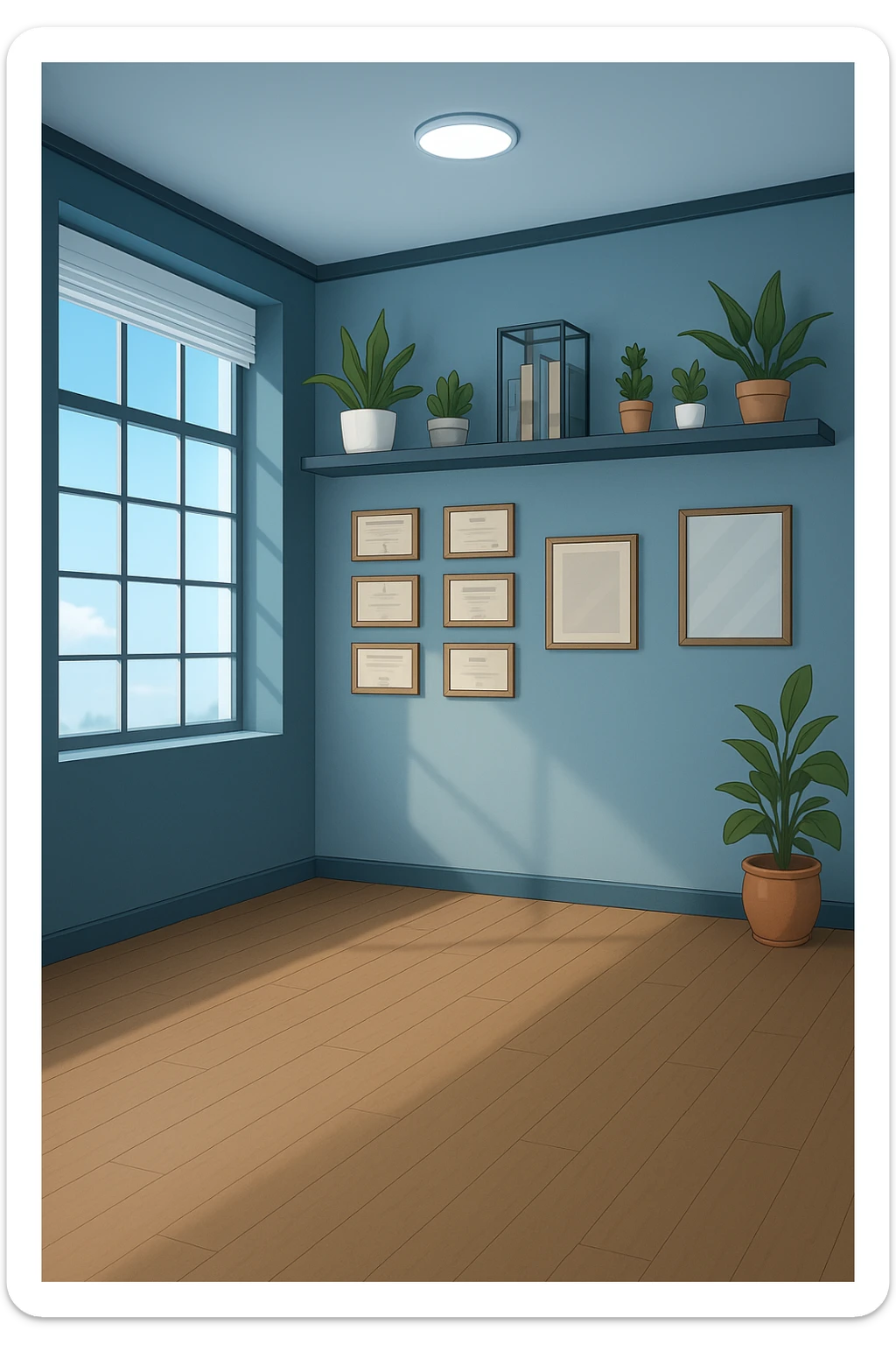 faMMI QUESTA STANZA STILE MANGA/WEBTOON A COLORI SENZA LE PERSONE E SENZA LETTINO, SOLO LA STANZA. FALLA MOLTO PIù LUMINOSA CON LUCI PIù FREDDE E MODERNE, NON LUCI GIALLE sticker