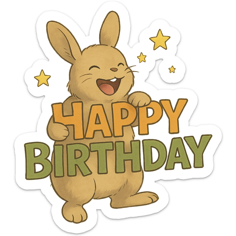 full-body laughing bunny hugging "Happy Birthday" letters with stars, soft Ghibli style sticker