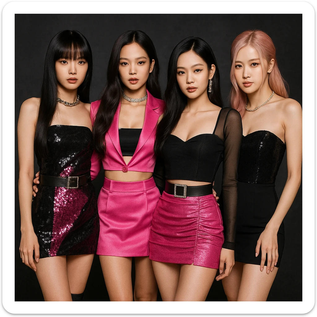 Blackpink, K-pop girl group, four members, glamorous, pink and black outfits, confident, group pose sticker