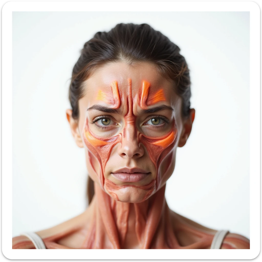 realistic anatomical front view of a woman showing head anatomy with pain areas highlighted on forehead and temples, tense muscles, headache expression, light background sticker
