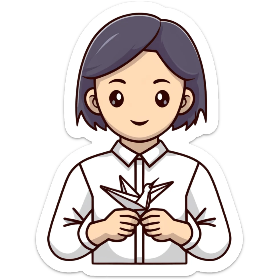 Ukrainian young girl in a white embroidered shirt holds an origami crane sticker