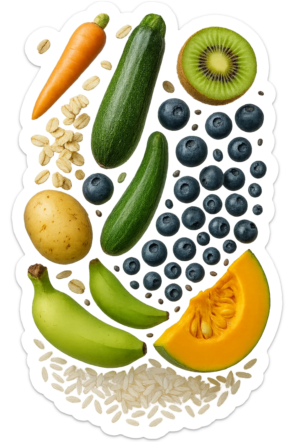 carota, fiocchi di avena, zucchine, kiwi, mirtilli, semi di chia, patate, banane acerbe, zucca, riso fluttuano in aria verticalmente, iperrealistici 4k sticker