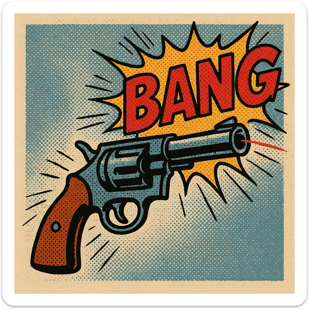 cartoon-style revolver firing with comic-style 'BANG' text popping out from the barrel instead of a bullet, old school comic book style, bright colors, exaggerated motion lines sticker
