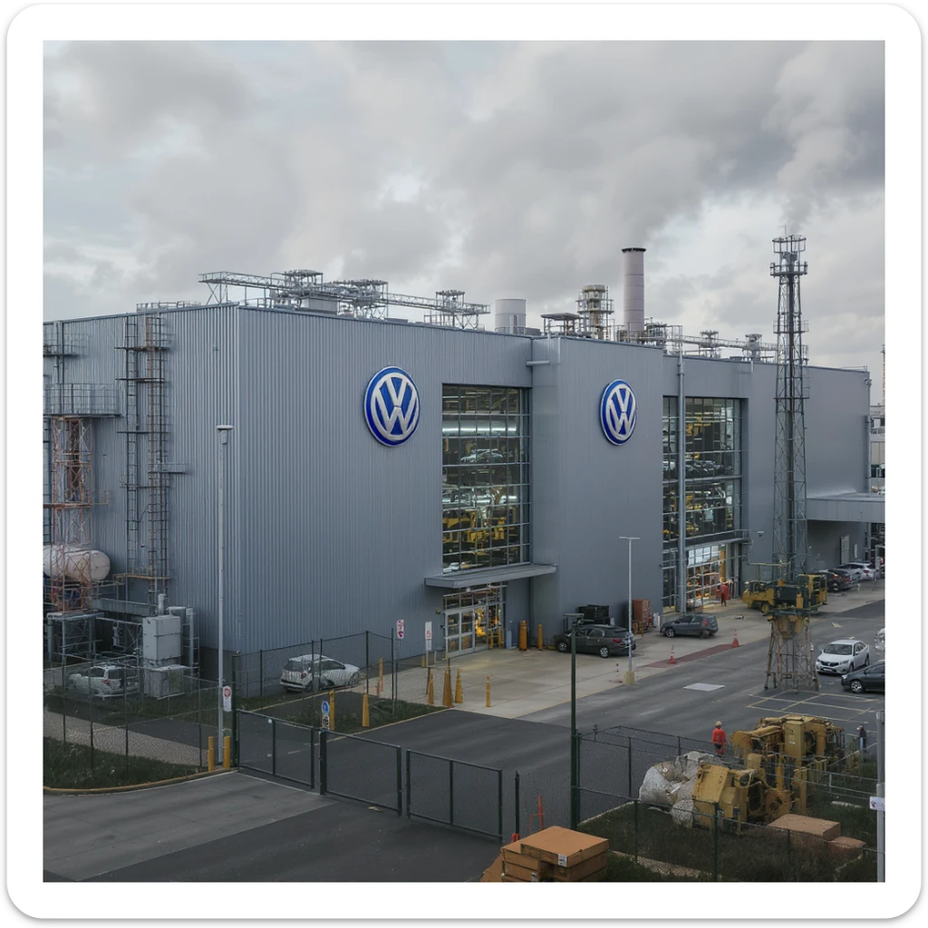 Realistic Volkswagen factory exterior, large industrial building with Volkswagen logo, parking lots filled with cars, factory grounds with machinery and equipment, realistic lighting and shadows, industrial atmosphere, workers in uniforms walking around, camouflage colors sticker