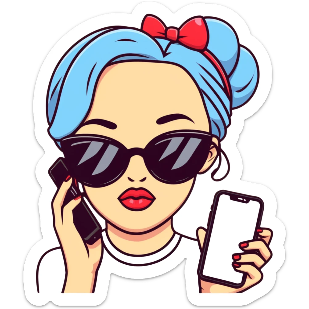 Girl with huge lips, sunglasses, bow on her hair, holding a phone with attitude sticker