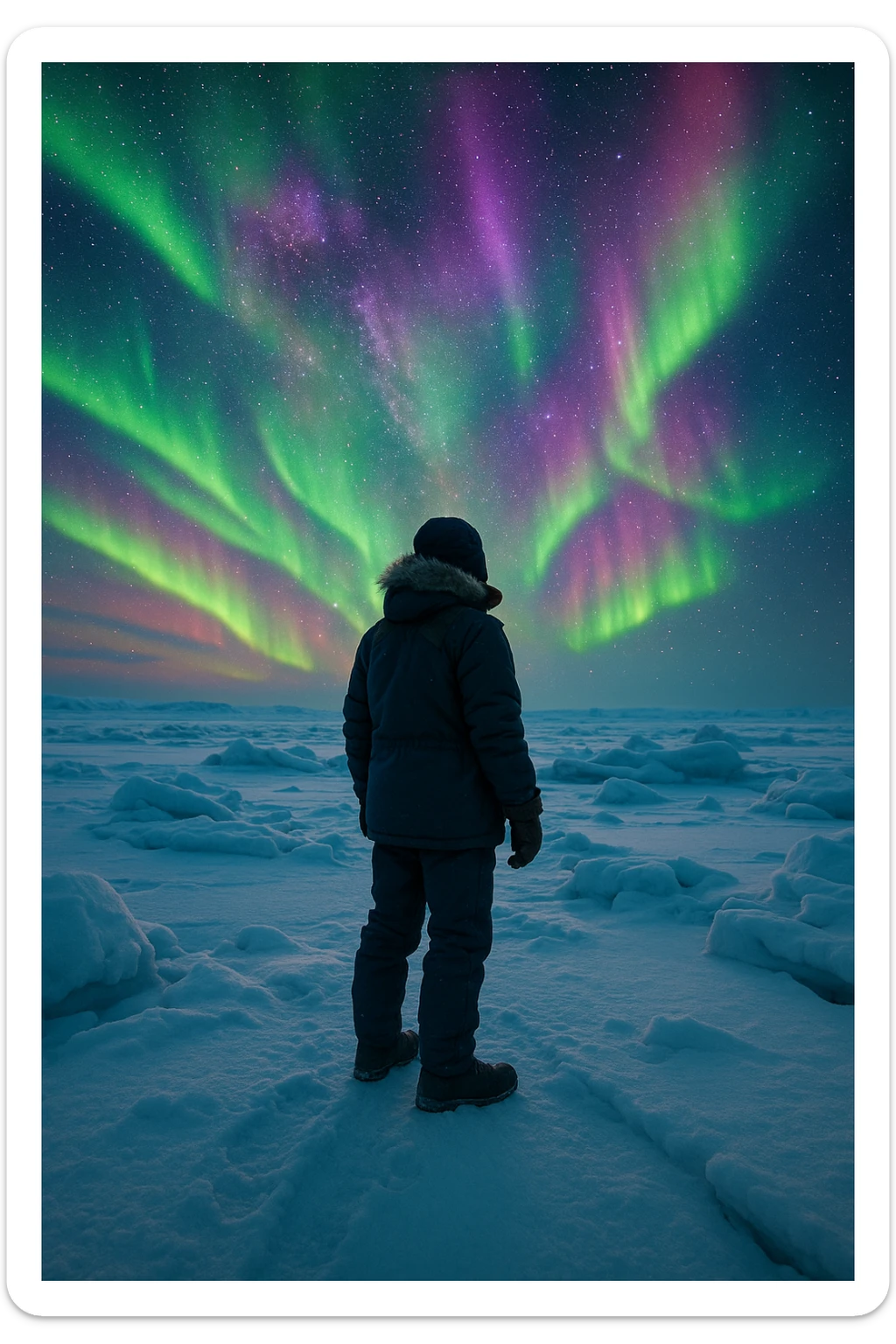 A person bundled up in winter clothes, standing on snowy Arctic ice with northern lights in the sky, vibrant colors, sense of adventure sticker