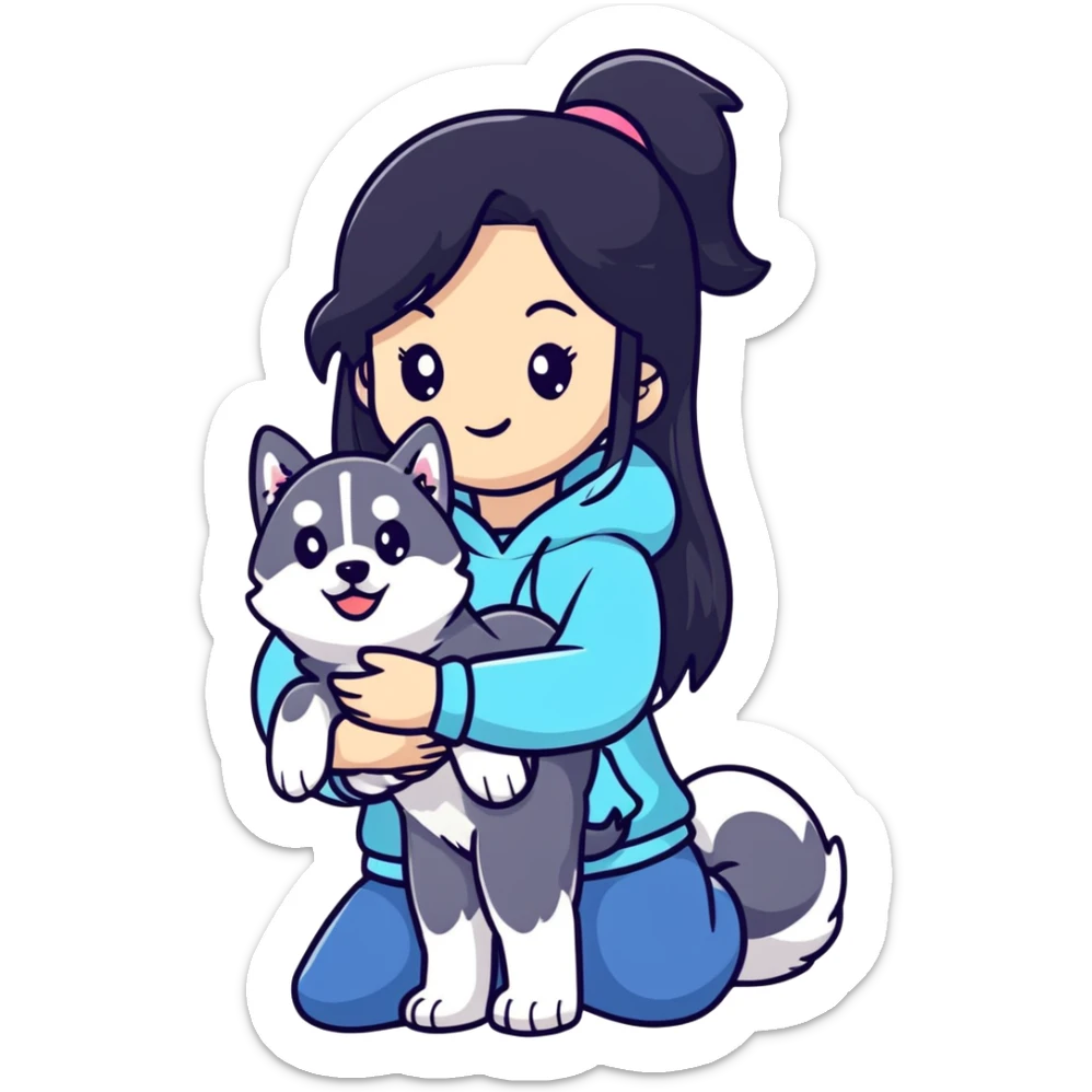 beautiful girl with long black hair holding a cute husky puppy sticker