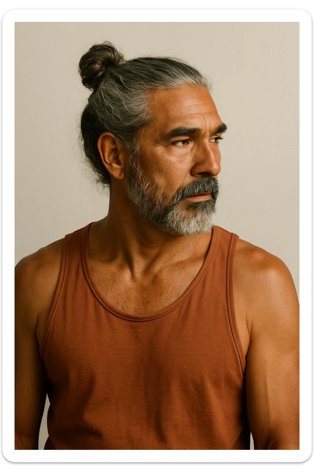 brown tanned man over 40 with long grey hair in a bun, looking to the side, upper body, plain background sticker
