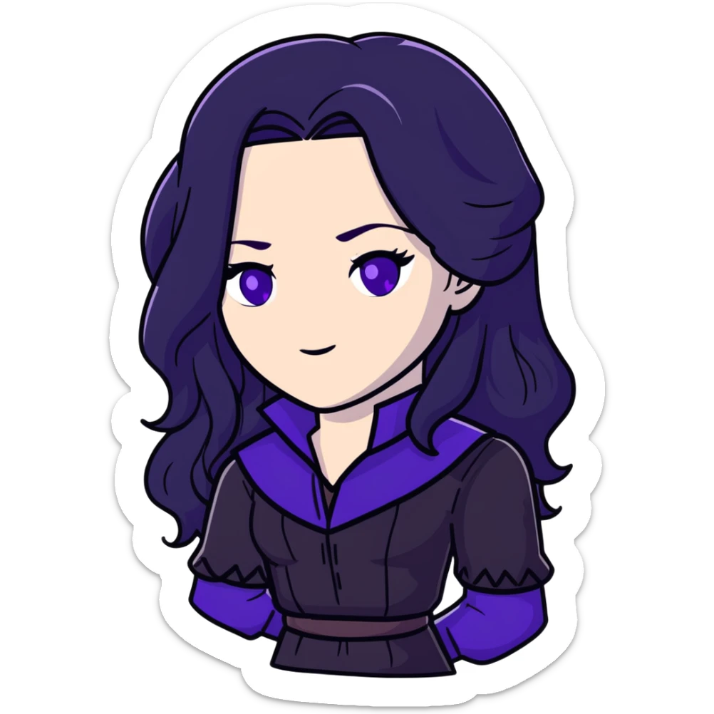 Yennefer from Witcher with long black hair, violet eyes, pale skin, wearing black clothes sticker