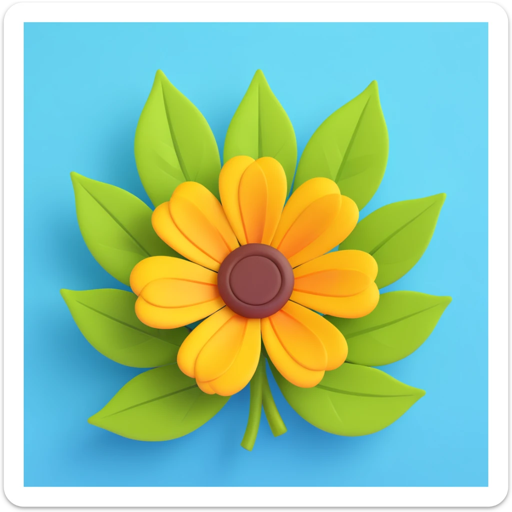 vibrant yellow flower with brown center, 3D iOS emoji style, surrounded by green leaves sticker