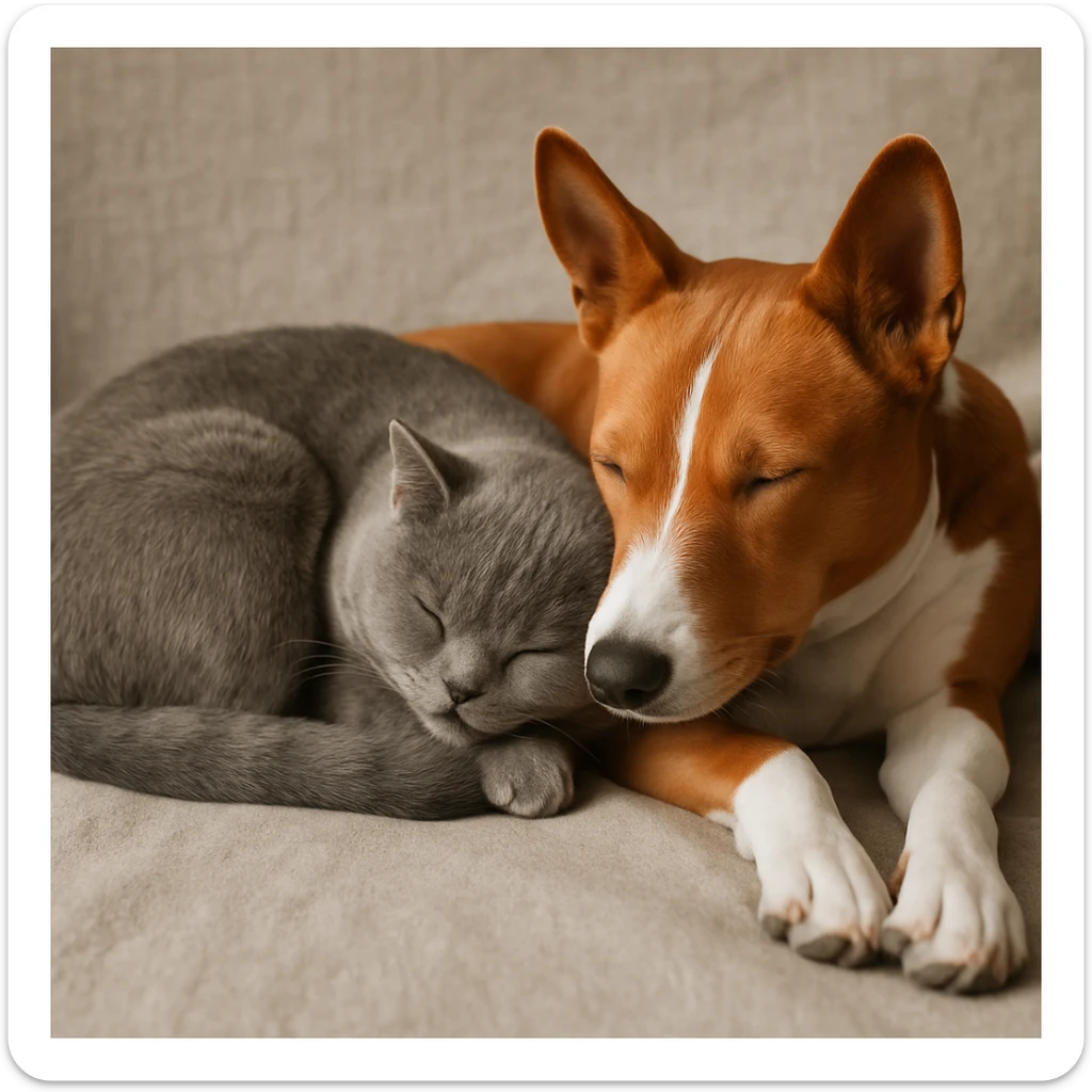 A gray British Shorthair cat curled up and sleeping next to a red Basenji dog sticker
