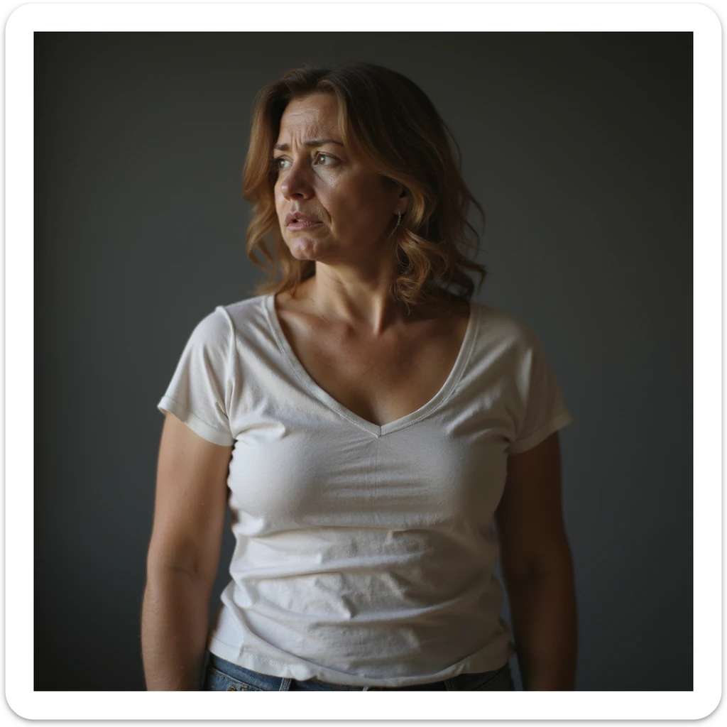 adult woman, photorealistic, unable to lose weight despite diet, distressed expression, looking at scale with disappointment, soft light, bathroom background sticker