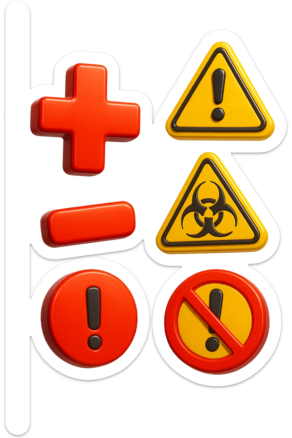 emoji stile iphone dei simboli "+" e "-" rossi in 3d che fluttuano in aria insieme a segnali di pericolo, FALLO MOLTO REALISTICO IN 3D sticker