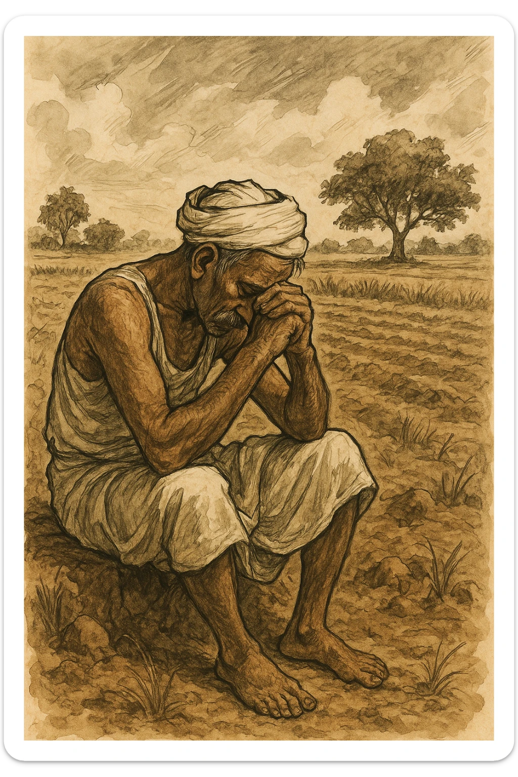 A sorrowful Indian farmer in dhoti, seated on farmland, head bowed, traditional rural India, expressive illustration. sticker
