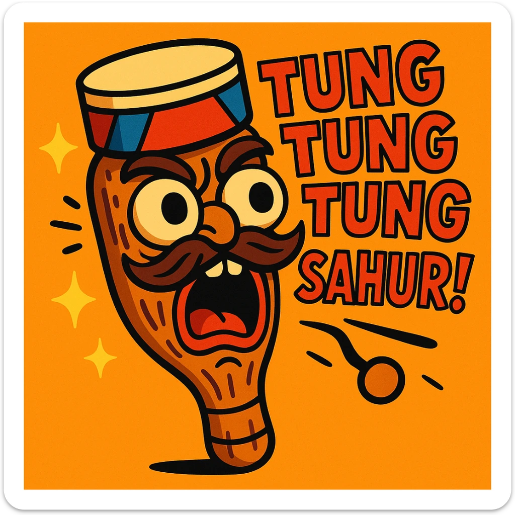 wooden club-shaped emoji character yelling 'TUNG TUNG TUNG SAHUR!', bug eyes, carved face, wild mustache, drum hat, chaotic brainrot energy, sparkles, vibrant energetic style sticker