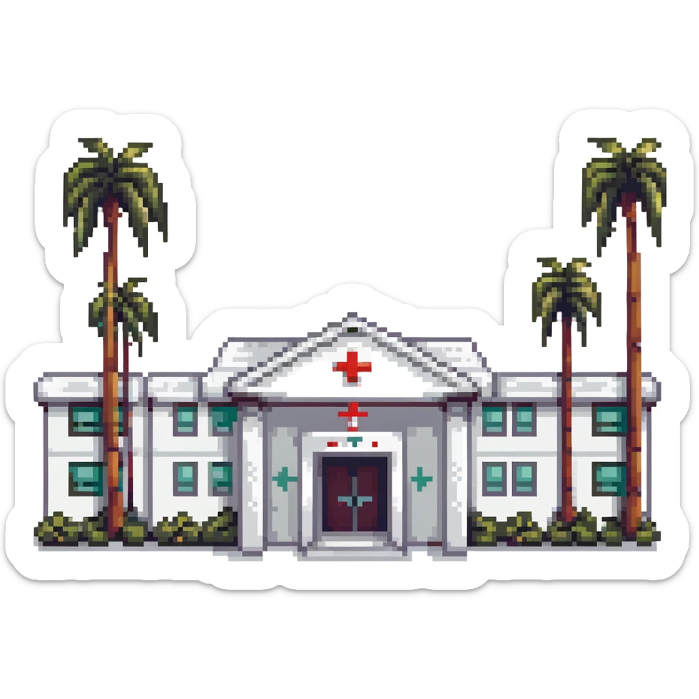 Bangkok hospital with tropical palm trees and Thai style entrance sticker