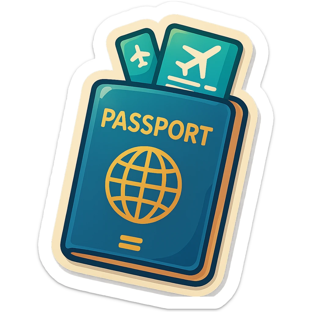 A juicy, vector-style illustration of a closed passport with a couple of airline tickets sticking out from the top. The style matches glossy lips: bold outlines, smooth rounded forms, expressive shadows and highlights, playful retro sticker vibe. sticker