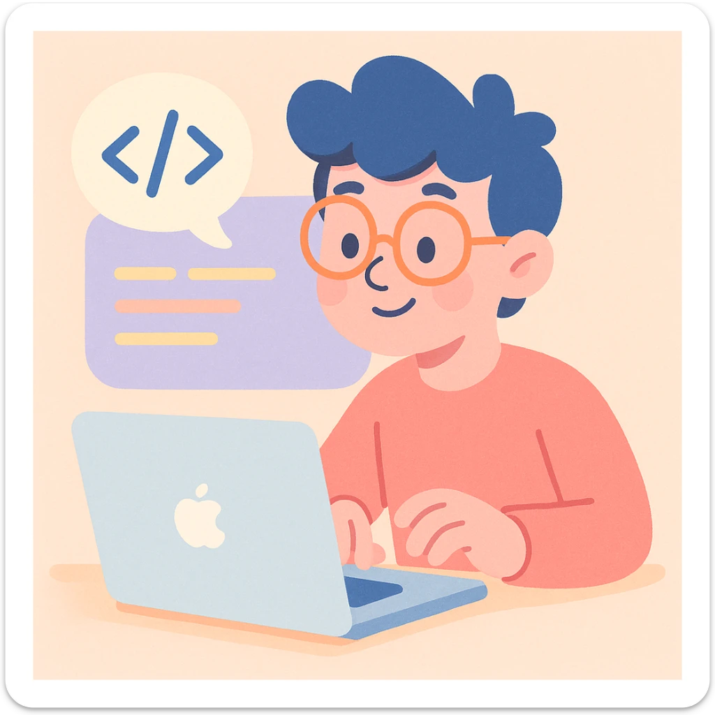 a person coding in front of a MacBook, pastel cartoon style, soft colors, playful atmosphere sticker