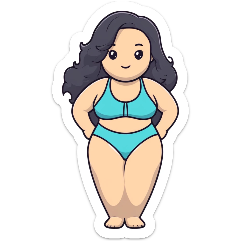 beautiful curvy woman with fair skin, long wavy black hair, and gray eyes in swimwear sticker