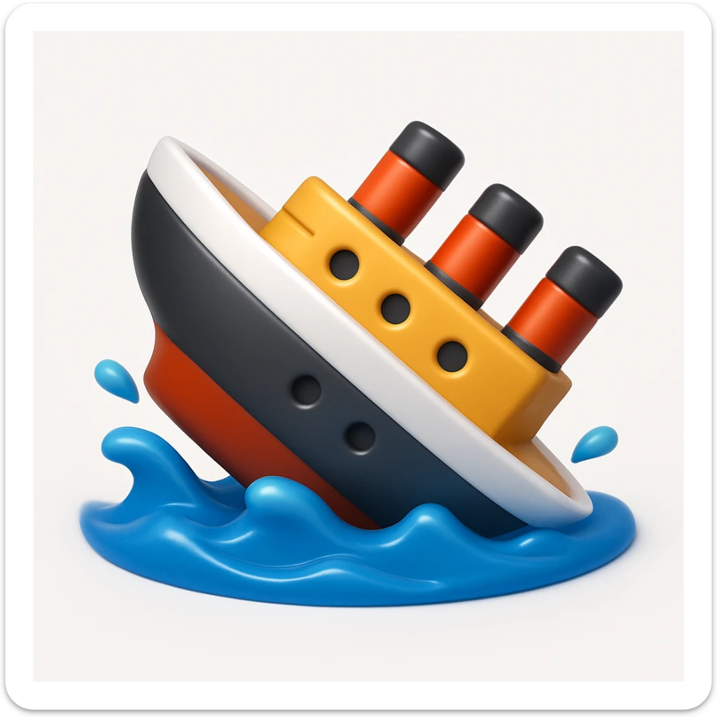 A 3D emoji in iOS emoji aesthetic style of a sinking ship, half-submerged in blue ocean water, tilted downward with small waves around, soft lighting and glossy Apple-style finish, clean white background.


 sticker