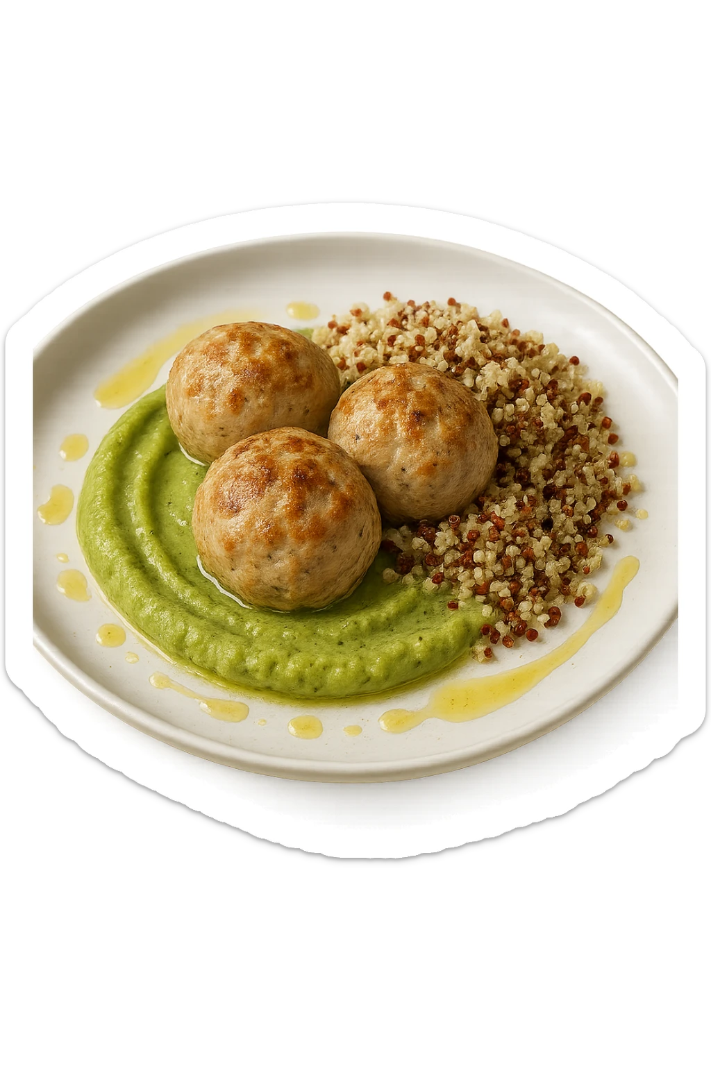 polpette di tacchino, purè di zucchine, quinoa e olio di oliva, iperrealistico 4k sticker