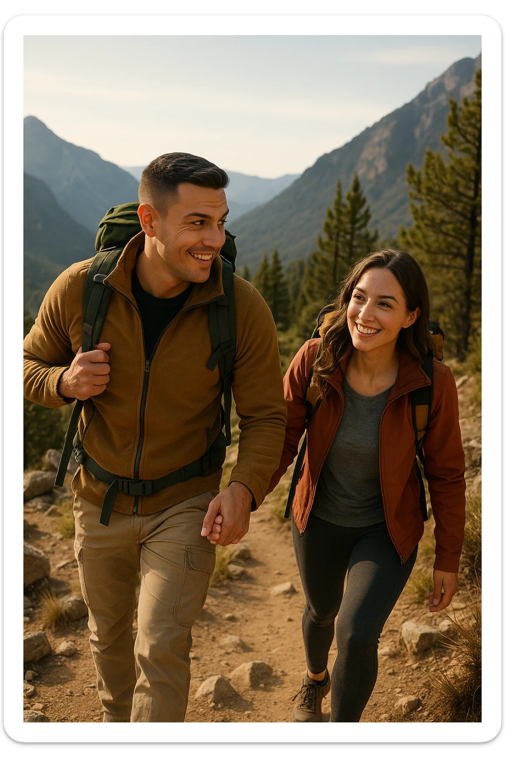 a man and woman climb a mountain trail together, the man leading but frequently looking back to ensure the woman is comfortable and supported. The woman follows with determination and a smile, symbolizing trust, encouragement, and the value of supportive leadership within a relationship. sticker