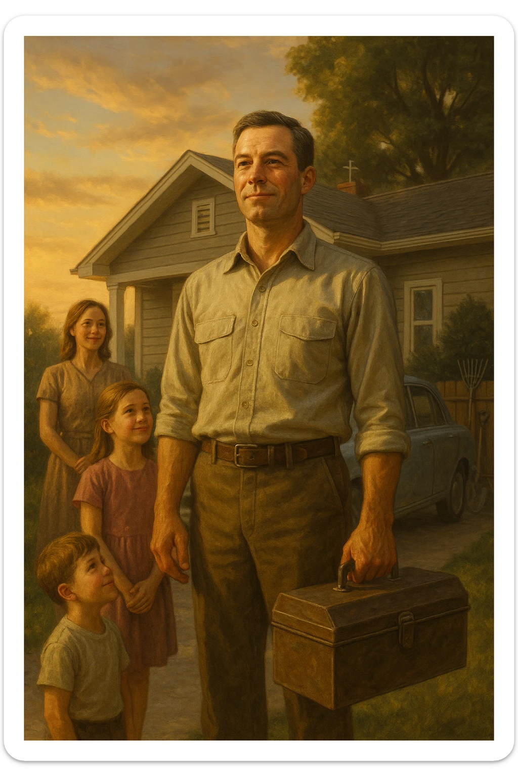 Uomo tra i 35 e i 45 anni, in piedi con postura fiera davanti alla sua casa, circondato dalla famiglia: moglie e figli lo guardano con rispetto e affetto. Indossa abiti semplici ma ordinati, simbolo di lavoro e stabilità (camicia, pantaloni, magari una cassetta degli attrezzi o una valigetta vicino). Sullo sfondo elementi che richiamano i suoi ruoli: casa ordinata, auto familiare, strumenti di lavoro, simboli di protezione e presenza. Espressione serena, forte ma accogliente. Colori caldi, luce naturale del tramonto. Stile realistico, atmosfera rassicurante e simbolica sticker