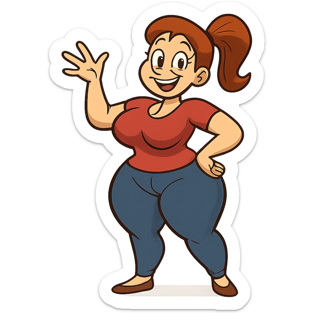A woman with exaggerated proportions, focusing on a cartoonish and playful style sticker