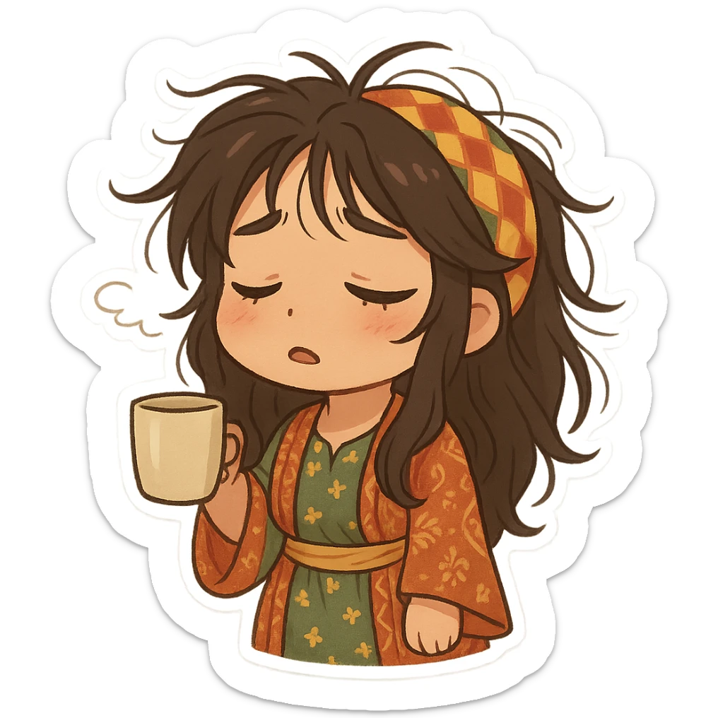 Kurdish man or woman in jamadani, cartoon style, sleepy or tired, messy hair, holding a cup, longing expression, no text sticker