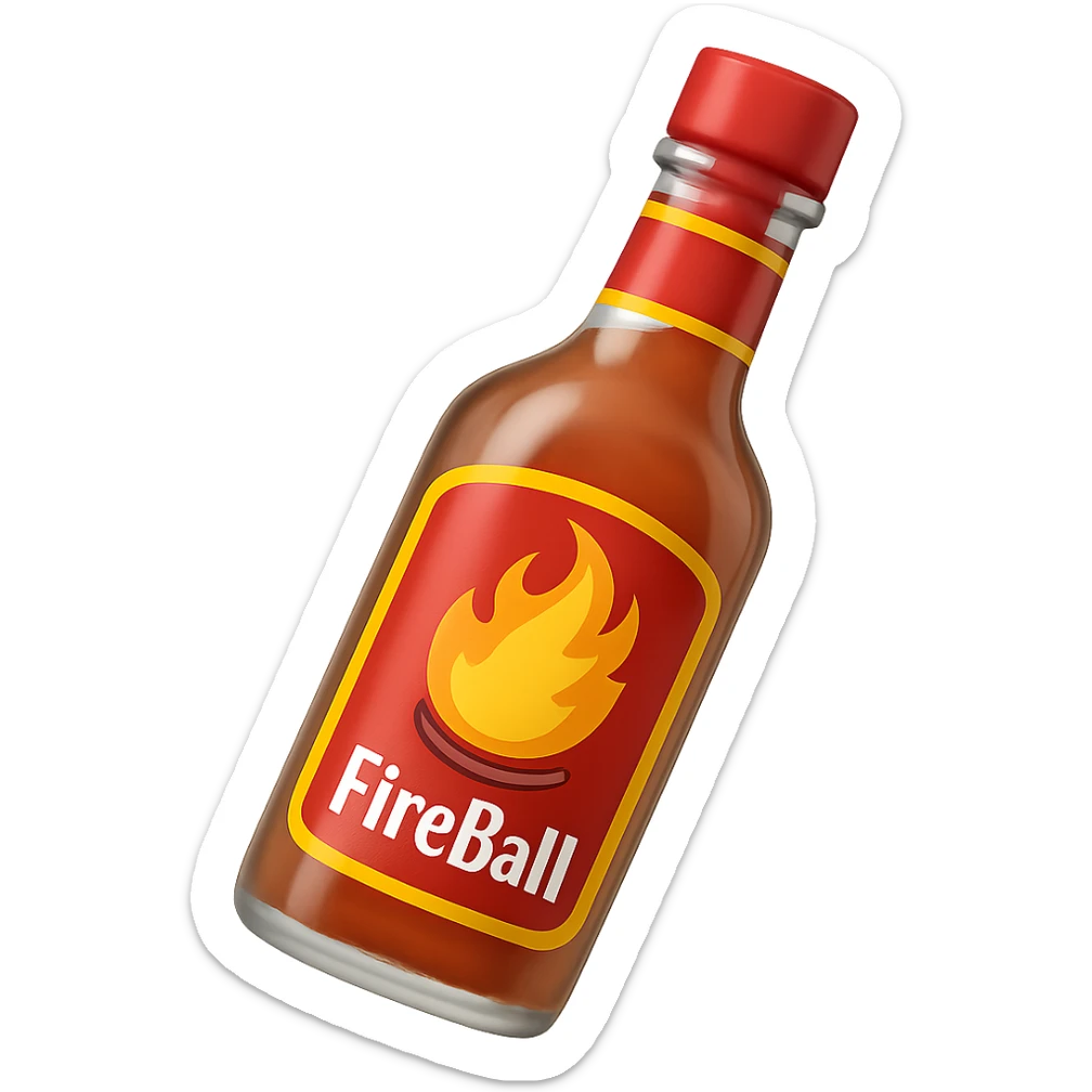 Make the fireball barbecue hot sauce bottle a clear glass bottle in the style of emoji (apple style emojis). Remove the background. sticker