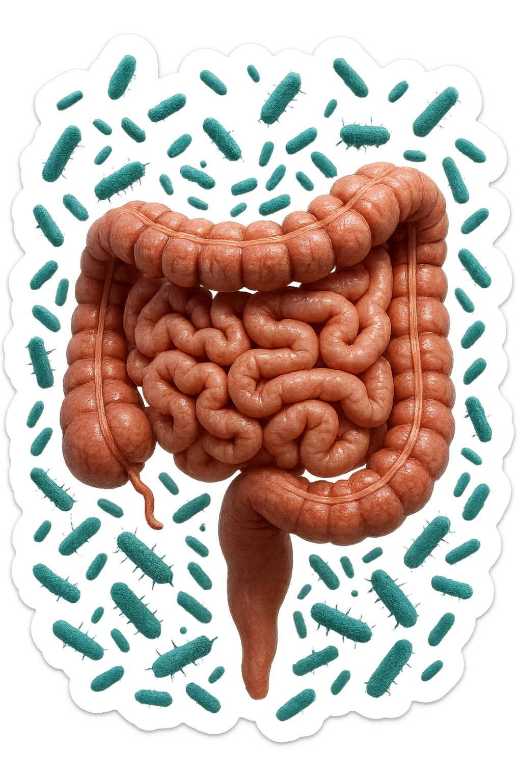 intestino umano anatomico con batteri intestinali che gli fluttuano intorno, iperrealistico 4k sticker