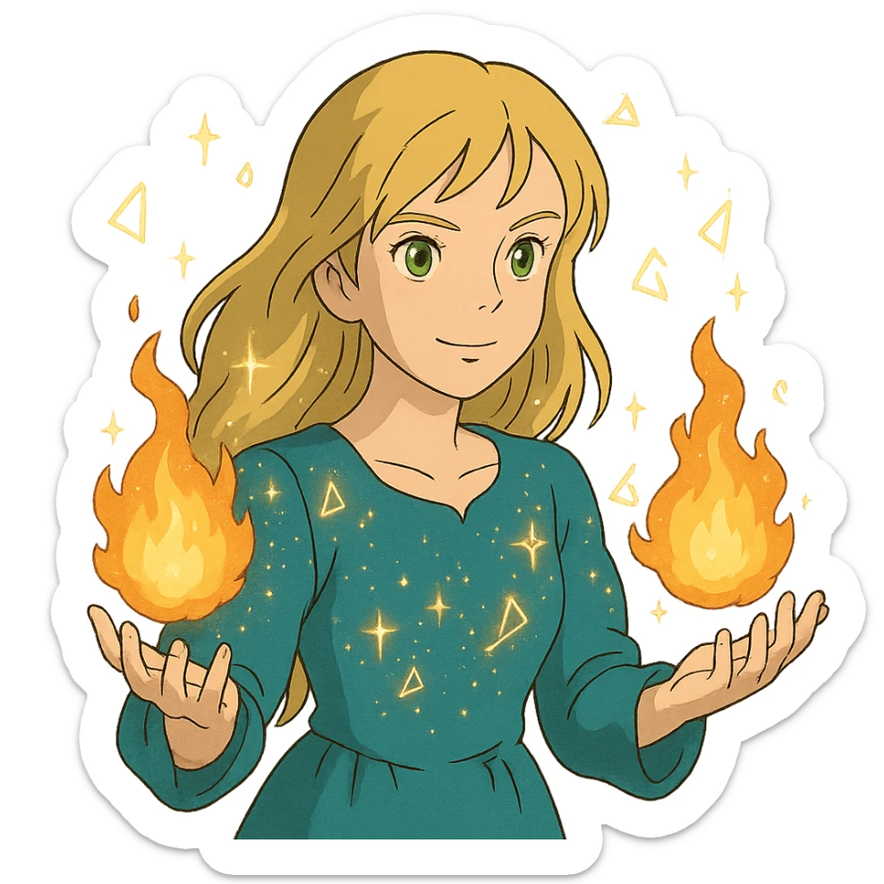 blonde woman with green eyes, fireballs in her hands, magical sparkles and glowing runes, ghibli style sticker