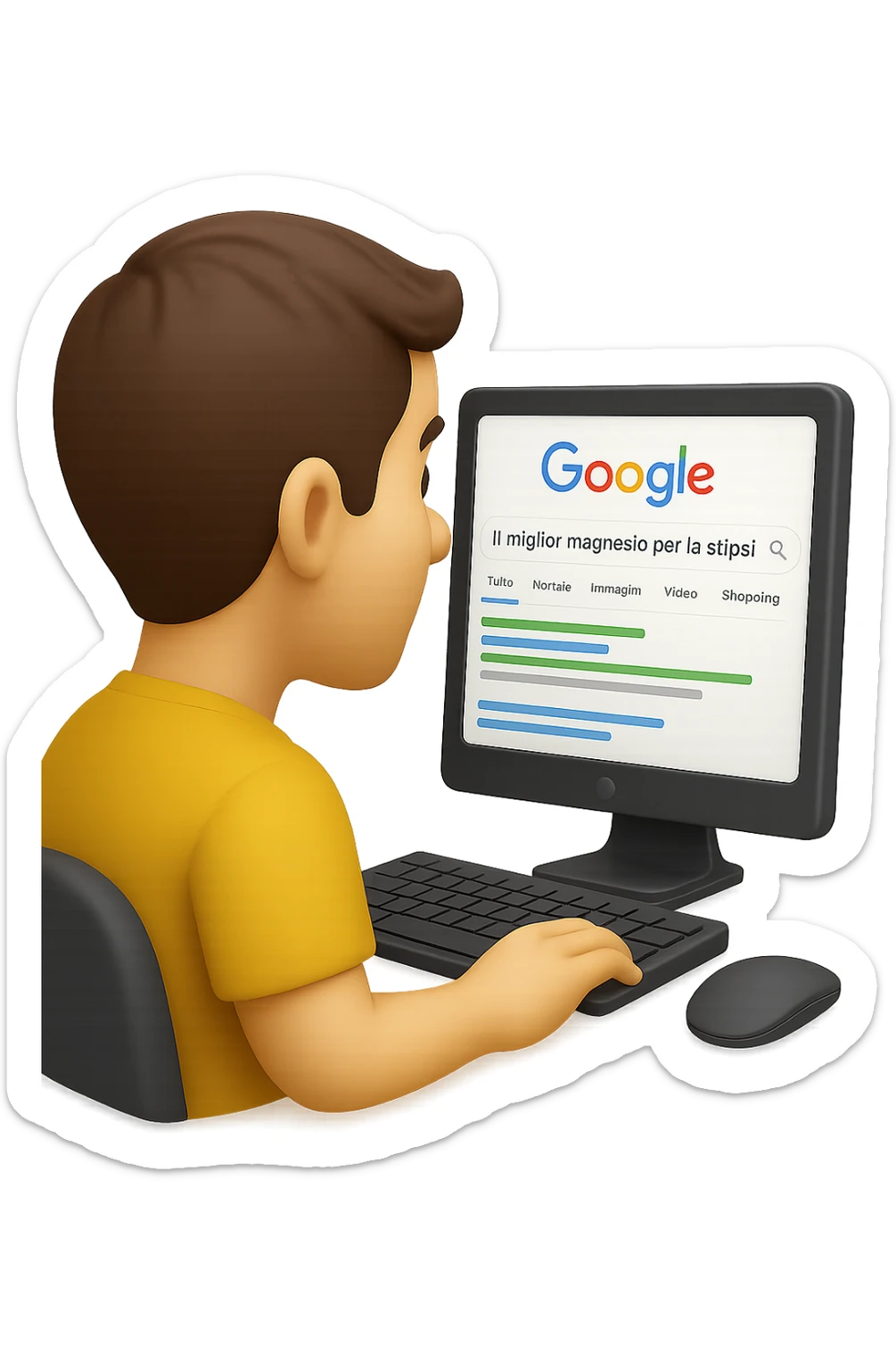 emoji stile iphone di un uomo davanti al pc che cerca di google: "Il miglior magnesio per la stipsi", iperrealistico 4k sticker