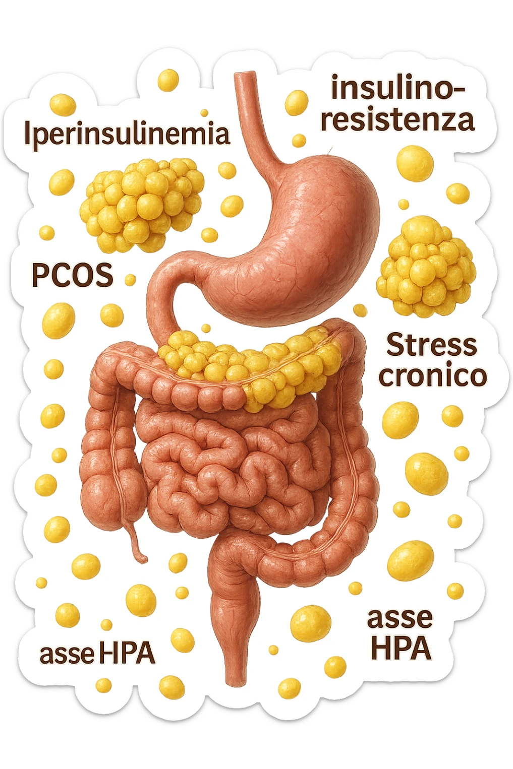 STOMACO E INTESTINO SONO VERTICALMENTE COLLEGATI E INTORNO A QUESTI ORGANI CI SONO CELLULE DI GRASSO GIALLE ATTACCATE SOPRA A GRAPPOLI, intorno fluttuano cellule di grasso giallo e alcune targhette con queste parole "Iperinsulinemia", "insulino-resistenza", "PCOS", "Stress cronico", "asse HPA", IPERREALISTICO 4K sticker