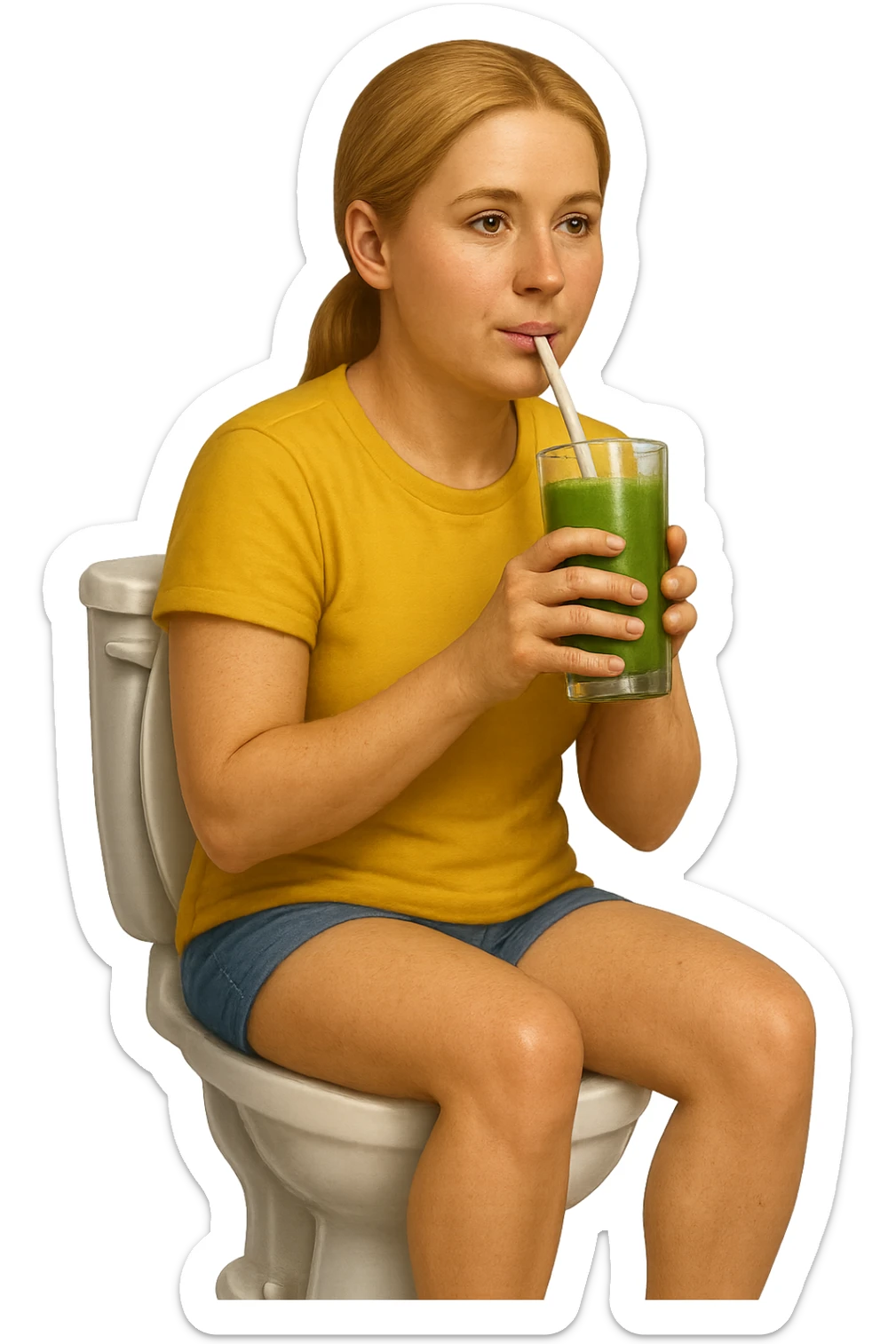 emoji stile iphone di una donna seduta sul wc che beve uno smoothies verde, iperrealistico 4k sticker
